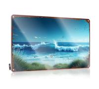 Targa in latta con scritta "Man Cave Signs and Decor Ocean Waves Crashing Against The Shore With Grass In Primo Piano", Targa in latta divertente vintage divertente in metallo (20 x 30 cm)