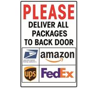 Targa in latta con scritta "Please Deliver All Packages To Back Door", facile da montare, per interni ed esterni, 20,3 x 15,2