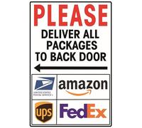 Targa in latta con scritta "Please Deliver All Packages To Back Door (Left Indicating Arrow), facile da montare, per interni ed esterni, 40,6 x 30,5 cm