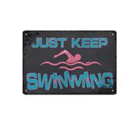 Targa in latta con scritta "Swim Summer Pool Just Keep Swimming 20,3 x 30,5 cm, in alluminio, da appendere, divertente, vintage, decorazione da parete per casa, bar, cucina, grotta, palestra, recinto