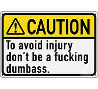 Targa in latta divertente con scritta in lingua inglese "Caution to avoid injury don't be a dumbass", 30,5 x 20,3 cm, per lavoro, ufficio, cubicle, breakroom, casa, negozio, magazzino, macchinari