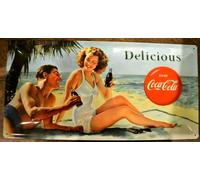 Targa in latta Nostalgic Art Coca Cola Delicious quadro spiaggia 25 x 50 cm rara