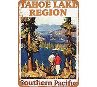 Targa in latta retrò vintage poster South Pacific Tahoe Lake Region Travel Targa in metallo retrò per casa, bar, ristorante, giardino, garage, decorazione classica da parete in metallo targa rustica