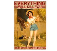 Targa in latta vintage con scritta in lingua inglese "Horse Riding Everything Will Kill You So Choose Something Fun", cartello vintage con scritta "Girl Loved Horse", Th311, cartello in latta per