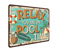 Targa in latta vintage retrò Relax You Are On Pool Time Signs Summer Wall Decor divertente targa in metallo per decorazione piscina all'aperto 20,3 x 30,5 cm