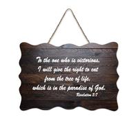 Targa in legno con dedica in lingua inglese "Revelation 2:7 to The One Who Is Victorious I Will Give The Right to Eat from The Tree of Life Whi", da appendere alla parete, per ufficio, porta, parete