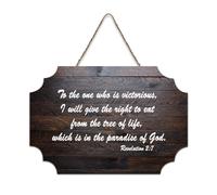Targa in legno con dedica in lingua inglese "Revelation 2:7 to The One Who Is Victorious I Will Give The Right to Eat from The Tree of Life Whi", da appendere alla parete, per ufficio, porta, parete