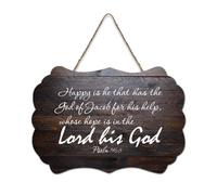Targa in legno con dedica in lingua inglese "Salmo 146:5 Happy Is He That Has The God of Jacob for His Help Whose Hope Is in The Lord His God", da appendere alla parete, per ufficio, porta, parete