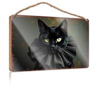 Targa in legno con gatto nero con occhi verdi che indossa un papillon, cartello in legno, decorazione da parete per esterni (15 x 28 cm)