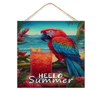 Targa in legno con scritta "Hello Summer Parrot Happy Hour Pool Beach Fruit Targa in legno 30,5 x 30,5 cm Vacanze al mare Pappagallo Bere Decorazione da Parete Divertente Cartello in Legno per Bagno