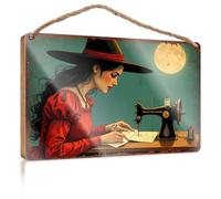 Targa in legno con scritta in inglese "A woman in a red dress sews under a full moon wood", decorazione da parete per esterni e bagno (20 x 30 cm)