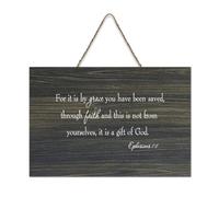 Targa in legno con scritta in lingua inglese "For It Is by Grace You Have Been Saved Through Faith And This Is Not From Yourselfs, It Is A Gift Fr Hanging Print", stile rustico, in legno, decorazione