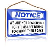 Targa in legno da appendere, con scritta in lingua inglese "Notice We Are Not Responsible For Items Left Behind For More Then 3 Days", divertente cartello in legno da bagno, per decorare la casa (15 x