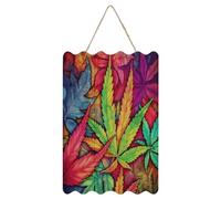 Targa in legno di betulla, stampa artistica multicolore con foglie e erbacce, resistente, decorazione da parete, targa in legno con corda