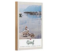 Targa in legno Ginevra | Svizzera | Famiglia dei cigni sul lago | Nostalgia | 12 cm x 18 cm
