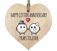 Targa in legno per 2° anniversario di matrimonio, per marito e moglie, con scritta in inglese "Happy Cotton Anniversary", in legno chiaro