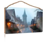 Targa in legno per decorazione della casa, decorazione da parete, città medievale nella nebbia, decorazione autunnale, 20 x 30 cm