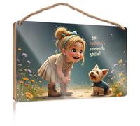 Targa in legno per esterni con scritta "Smile Together: A Girl'S Joyful Moment With Her Dog", cartello per ufficio per porta in legno, decorazione per portico anteriore