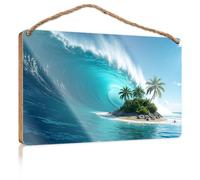 Targa in legno per porta con isola tropicale con palme sotto un'onda gigante, cartello in legno divertente decorazione da parete cartelli per la decorazione della casa (23 x 35 cm)
