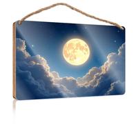 Targa in legno per porta con luna piena luminosa che splende attraverso soffici nuvole in un cielo stellato, cartello divertente decorazione da parete per bar cartelli per la decorazione della casa