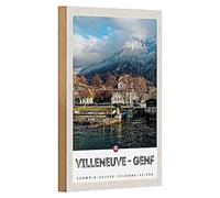 Targa in legno vintage | Villeneuve - Ginevra | Souvenir della Svizzera | 12 cm x 18 cm