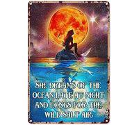 Targa in metallo a forma di sirena, con scritta in lingua inglese "She Dreams Of The Ocean Late At Night And Longs For The Wild Salt Air", super resistente, per bagno, decorazione per bar, cucina