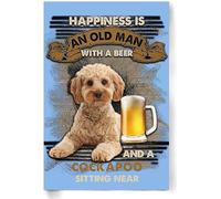Targa in metallo con Cockapoo "Happiness Is An Old Man With Cockapoo Sitting Near", targa retrò da parete, regalo per casa, cucina, ufficio, club, bar, palestra, soggiorno, stile vintage, 20 x 30 cm