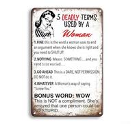Targa in metallo con design umoristico con 5 termini mortali usati da una donna per decorare la casa e consigli di conversazione, 20 x 30 cm