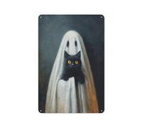 Targa in metallo con fantasma stravagante in un foglio bianco con gatto che tiene il gatto, decorazione artistica da parete per bar, pub, club, caffetteria, fattoria, bianco, 30 x 20 cm