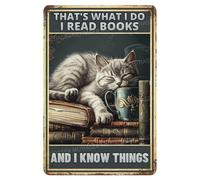 Targa in metallo con gatto grigio che legge libri e so cose, vintage, in alluminio, per WC, bagno, giardino, casa, bar, caffetteria, decorazione, 20,3 x 30,5 cm