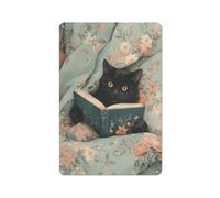 Targa in metallo con gatto nero che legge un libro a letto, decorazione artistica da parete per bar, pub, club, caffetteria, fattoria, bianco, 30 x 20 cm