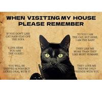 Targa in metallo con gatto nero con scritta in inglese "When Visiting My House Please Remember Black Cat's Signs Gifts for Cat Lovers" 30,5 x 20,3 cm