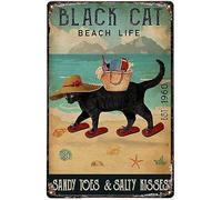 Targa in metallo con gatto nero, vita in spiaggia con dita sabbiose, per interni ed esterni, regalo divertente e decorazione per lago, piscina e casa sulla spiaggia a meno di $20 (20,3 x 30,5 cm)