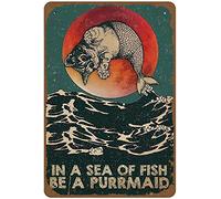 Targa in metallo con gatto sirena, in un mare di pesce, essere a purrmaid per bagno, stile vintage, per ufficio, bar, caffetteria, casa colonica, decorazione artistica da parete, 30,5 x 40,6 cm