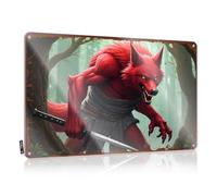 Targa in metallo con lupo rosso Samurai: The Forest Guardian, insegna in metallo con scritta in lingua inglese "Gaming", 20 x 30 cm