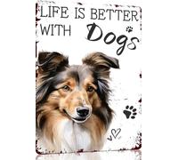 Targa in metallo con motivo Shetland Sheep Life Is Better With Dogs, divertente, decorazione da parete per casa, strada, cancello, bar, ristoranti, caffetterie, negozi, pub, idea regalo, 30,5 x 40,6