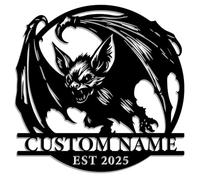 Targa in metallo con pipistrello gotico personalizzato, con nome personalizzato pipistrello vampiro con fiamme e teschi, decorazione in metallo per Halloween, casa infestata, bar o grotta dell'uomo
