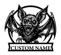 Targa in metallo con pipistrello gotico personalizzato, con nome personalizzato pipistrello vampiro con fiamme e teschi, decorazione in metallo di Halloween per casa infestata, bar o grotta dell'uomo