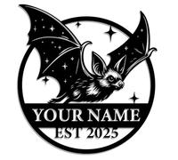 Targa in metallo con pipistrello gotico personalizzato, con nome personalizzato pipistrello vampiro con fiamme e teschi, decorazione in metallo per Halloween, casa infestata, bar o grotta dell'uomo