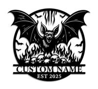 Targa in metallo con pipistrello gotico personalizzato, con nome personalizzato pipistrello vampiro con fiamme e teschi, decorazione in metallo per Halloween, casa infestata, bar o grotta dell'uomo