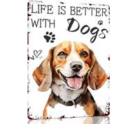 Targa in metallo con scritta "Beagle Life Is Better With Dogs", decorazione da parete retrò per casa, strada, cancello, bar, ristoranti, caffetterie, negozi, pub, idea regalo, 15 x 20 cm