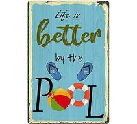 Targa in metallo con scritta "Better Life by The Pool, New Swimming Pool Decoration Poster in metallo con scritta in lingua inglese "Aperiy pool", 20 x 30 cm