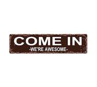 Targa in metallo con scritta "Come in We're Awesome", divertente scritta in lingua inglese "Welcome to our home", decorazione da parete per interni o esterni, decorazione da parete, 40,6 x 10,2 cm