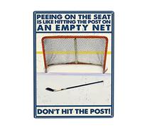 Targa in metallo con scritta "Hockey Peeing On The Seat is Like Hitting The Post On an Empty Net Don't Hit The Post", decorazione da parete divertente per casa, cucina, bar, stanza, garage, vintage