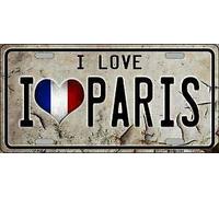 Targa in Metallo con Scritta I Love Paris, 15,2 x 30,5 cm