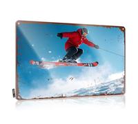 Targa in metallo con scritta in inglese "Action Shot: Skier Soaring Through The Air On A Clear Day", vintage, decorazione per bar, stile vintage, 30 x 40 cm