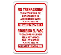 Targa in metallo con scritta in inglese "No Trespassing Violators Will Be Prosecuted in Accordance with ARS 13-1502-A1 Private Property Warning Street Sign Metal 20,3 x 30,5 cm