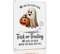 Targa in metallo con scritta in inglese "We Are out Right Now Trick or Treating" per casa, bar, portico, porta d'ingresso, stazioni di caramelle, scuole, centri comunitari, eventi di Halloween, negozi