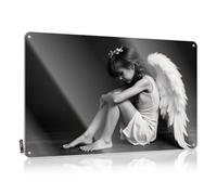 Targa in metallo con scritta in lingua inglese "A Young Girl With Angel Wings Sits On The Floor", divertente targa in metallo vintage (30 x 40 cm)