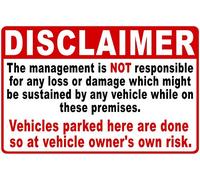 Targa in metallo con scritta in lingua inglese "Disclaimer Management Not Responsible for theft or damage to Vehicle" (lingua italiana non garantita)